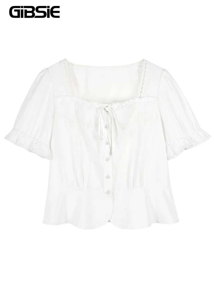 

Женская винтажная блузка GIBSIE, белая короткая блузка с квадратным вырезом и узлом спереди, с пышными рукавами, лето 2024
