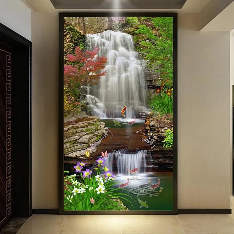Papel de Parede Foto Clássico 3d Cascatas Floresta Carpa Paisagem Mural de Parede para Sala de Estar Decoração
