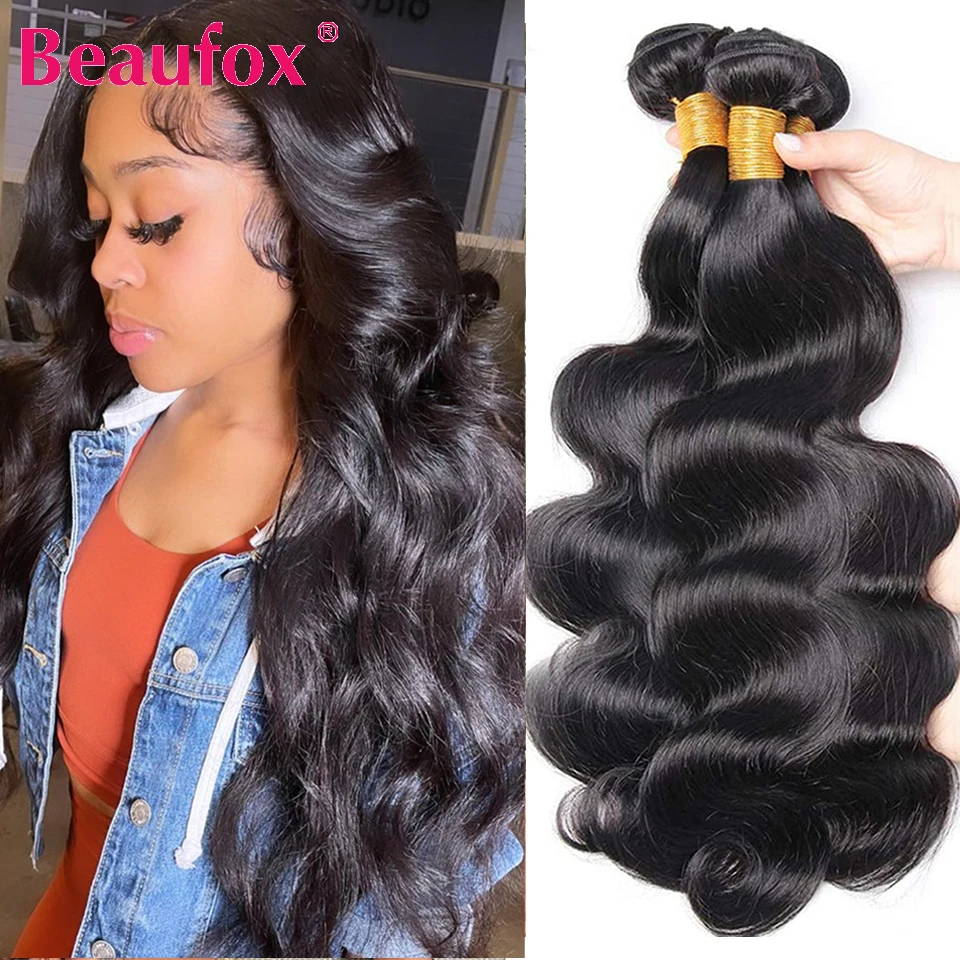 Beaufox 4 Bundles Human Hair Body Wave Bundles Indian Hair Weave Wavy Human Remy Extensions 30"
