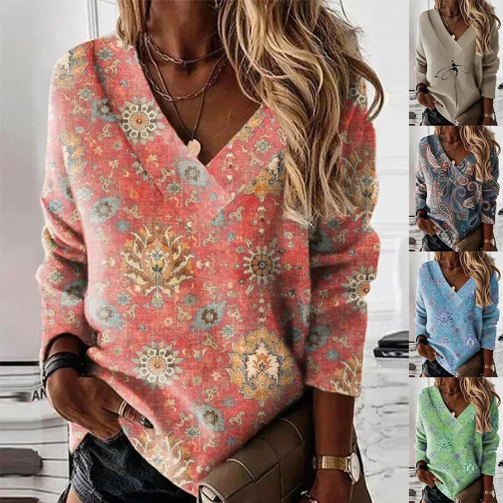 

Autumn and Winter Women's Top New Fashion V-neck Flowers Printing Casual Loose Long Sleeve Sweater Female T-shirt Commute