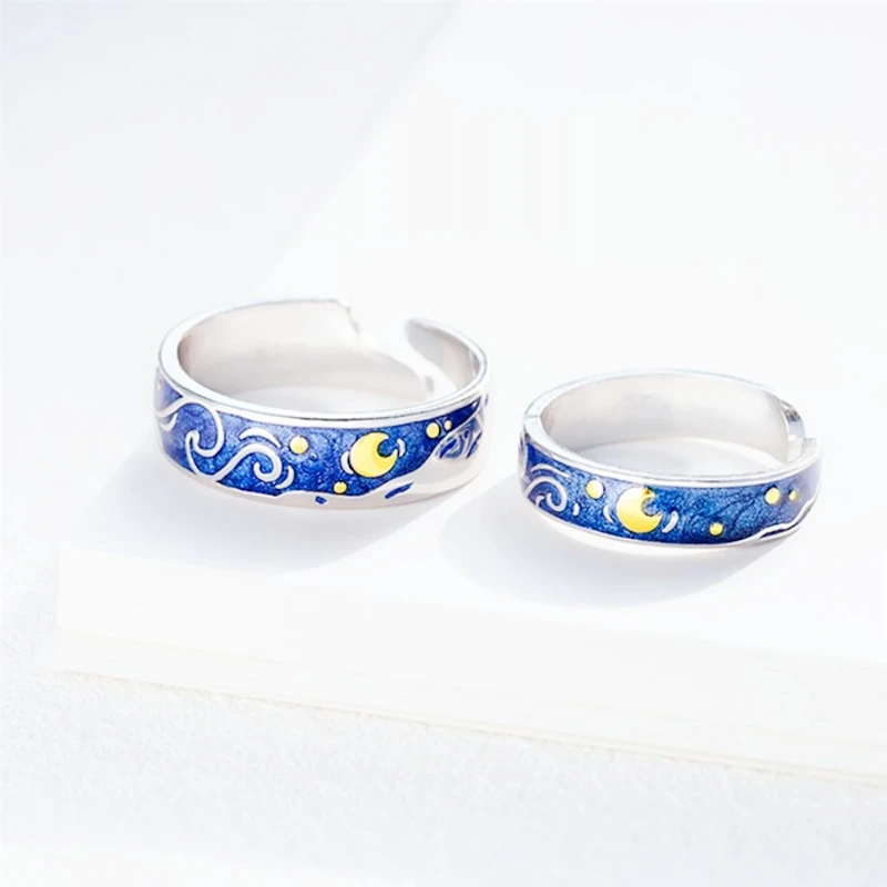 WYEAIIR 925 Sterling Silver Van Gogh Starry Sky Couple Ring Sweet Romantic Gift Resizable Opening Ring For Women Luxury Jewelry 3