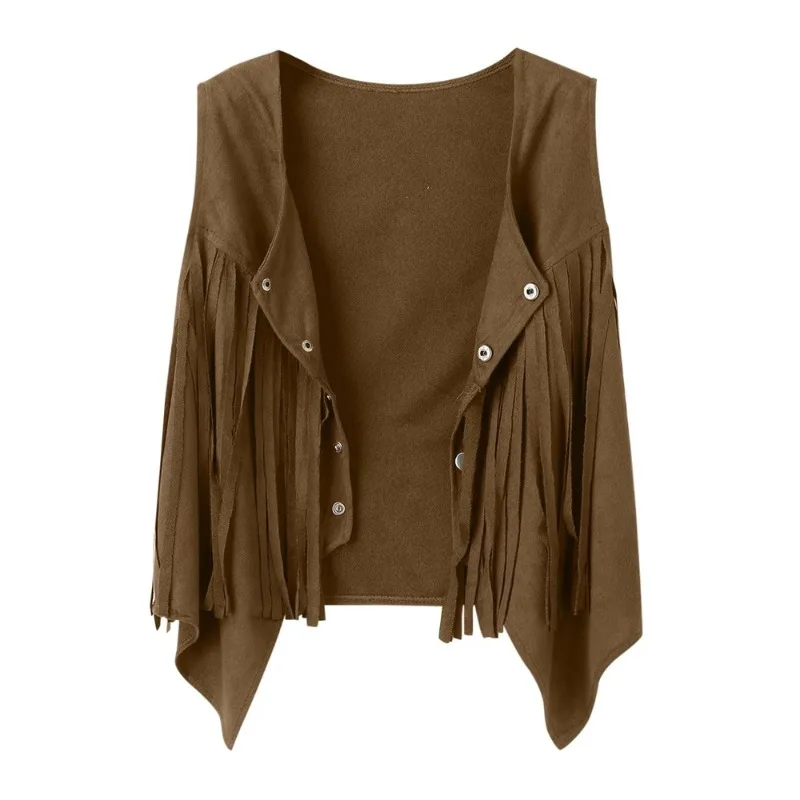 Women's Short Tassel Vest Spring Summer Retro Solid Color Casual Button Sleeveless Waistcoat Coat Punk Rock Cardigan Jacket
