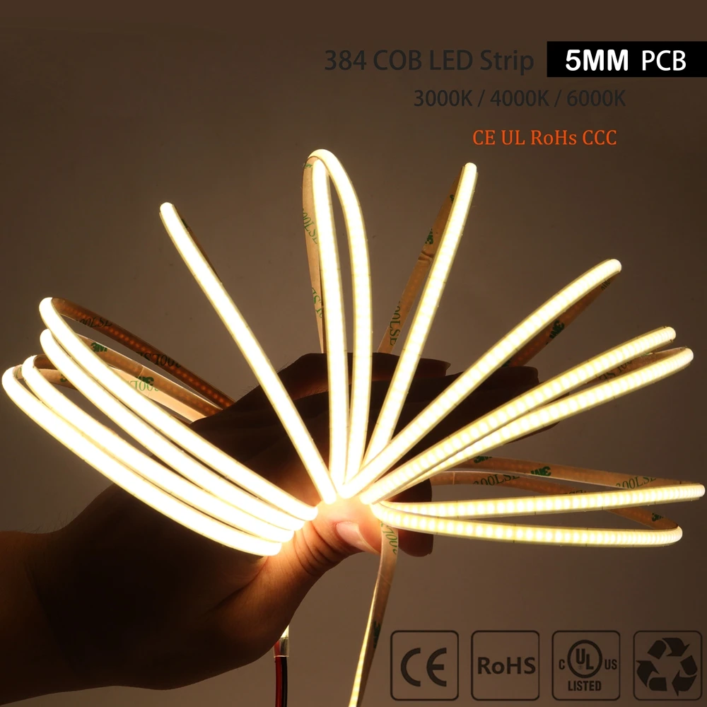 Thin 5mm FOB COB LED Strip 384LEDs/m Soft Flexible Light Bar Warm Cold