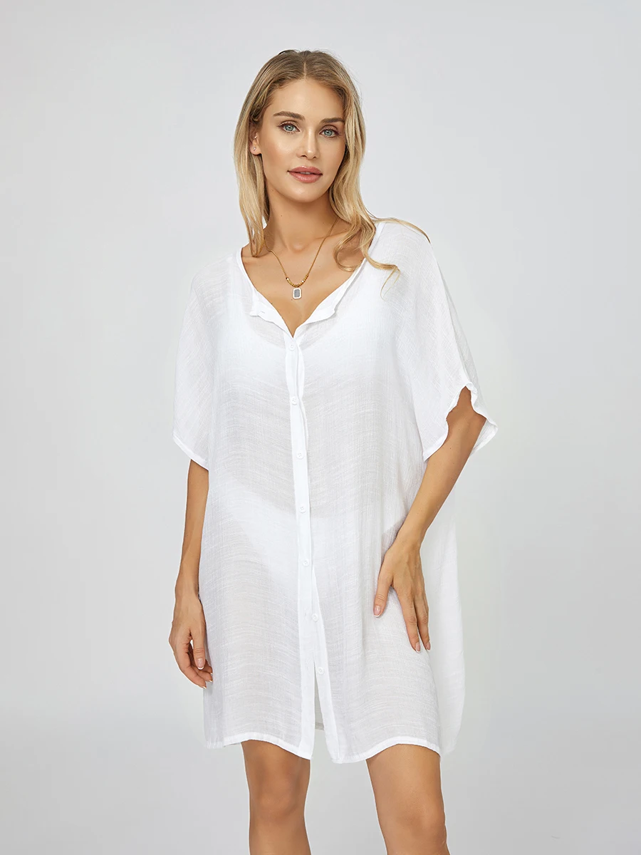 Women Sexy Bikini Cover-Ups Solid Color Crew Neck Short Sleeve Button-Down Summer Casual Shirts Mini Semi Sheer Beach Dress - Image 3