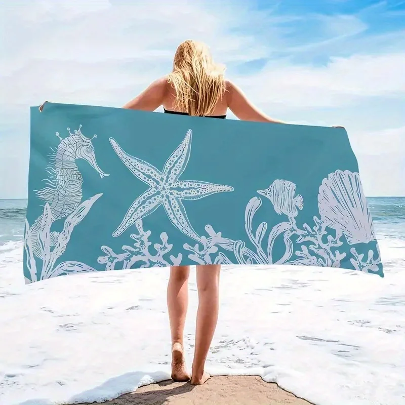 1pc 59in/150cm Blue Starfish Water Ripple Summer Seaside Seaweed Bath Towl Sandproof Beach Towel - Quick-drying LatticeColor