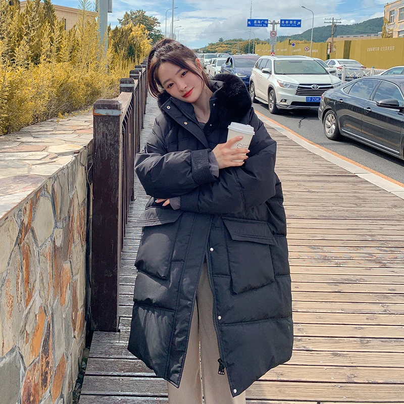 Winter Fashionable Cotton-padded Down Jacket Warm Long Sleeve Loose Fuzzy Fur Collar Pregnant Woman Coats With Large Pockets