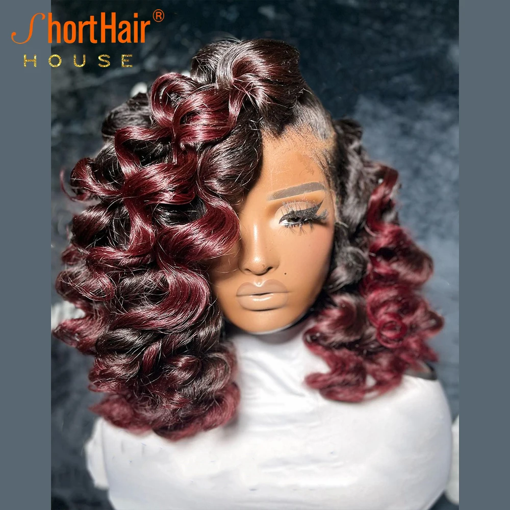 99J Highlight 13x6 Lace Frontal Human Hair Wigs Pre Plucked Bouncy Curly Lace Frontal Wigs For Women Deep Wave Bob Wig Brazilian