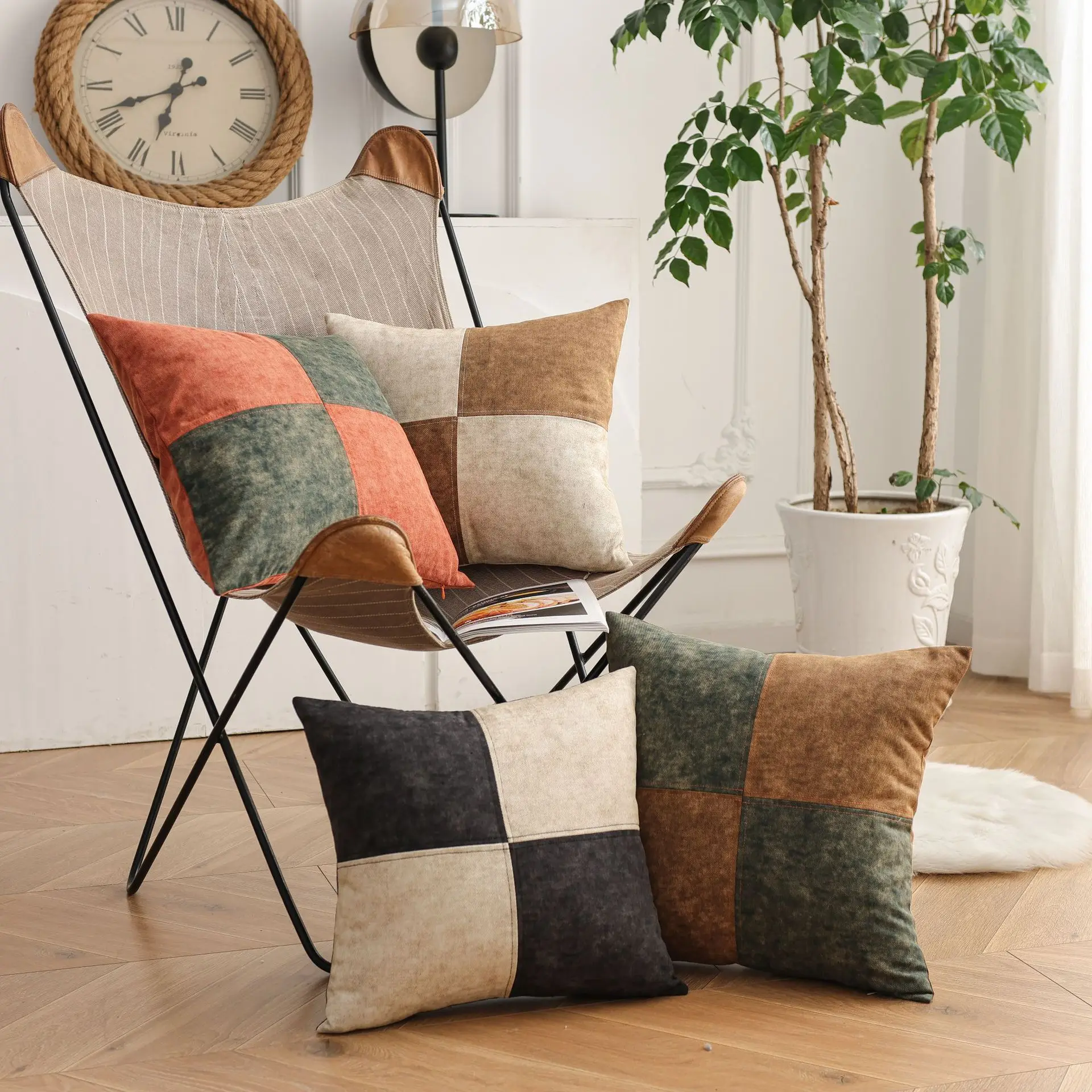 Nordische Minimalistische Denim-Patchwork Kissenbezüge Luxuriöses Karomuster Einfarbige Chenille Dekorative Kissenhüllen für Sofa und Bett – Detail 5