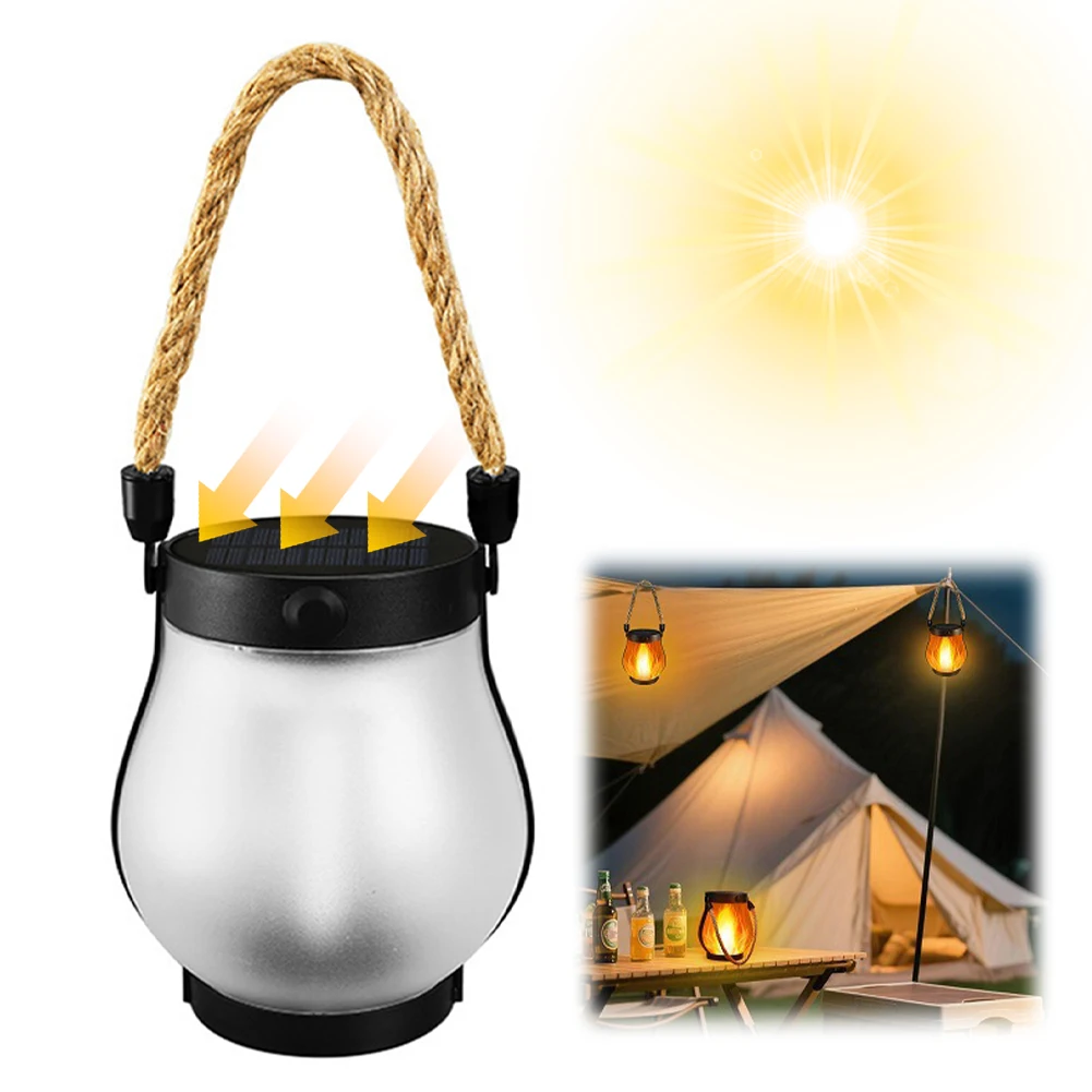 1-2 Set Solar Flame Flickering Camping Light with Rope Handle Garden Decoration Outdoor Lawn Path Yard Patio Hanging Lamp