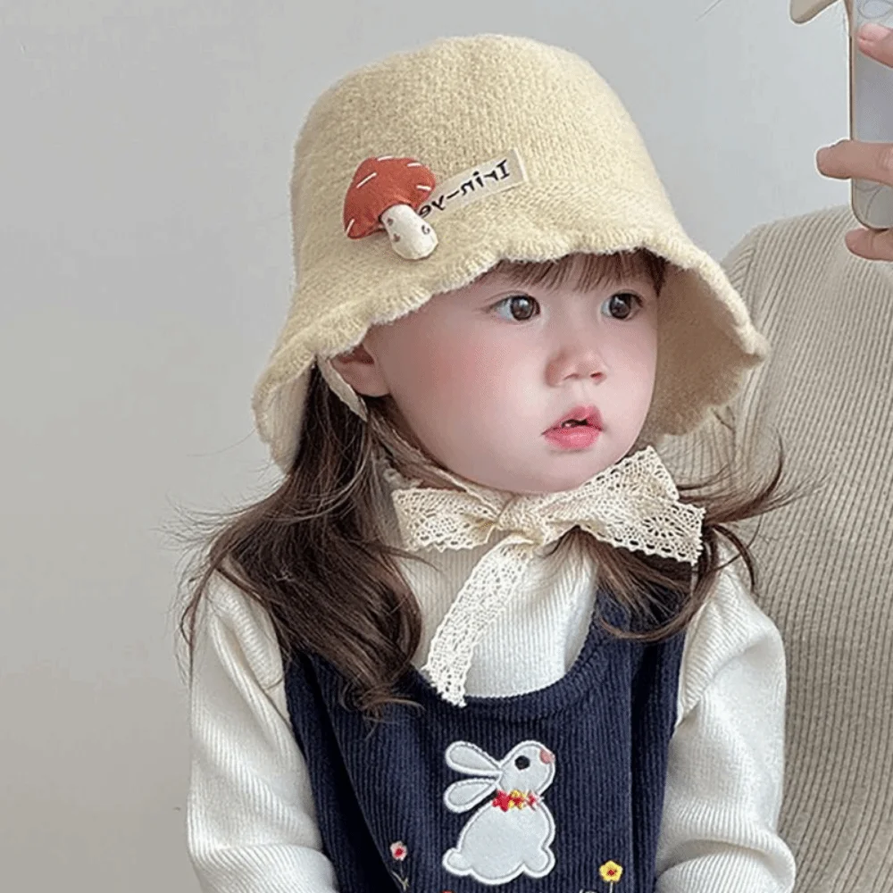 Soft Kids Warm Knitted Hat Solid Color Mushroom pattern Curled Fisherman Cap Windproof Lacing Up Toddler's Plush Knitted Hat