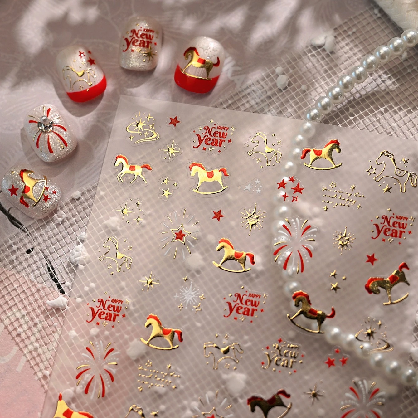 황금 말 불꽃놀이 별 중국 설날 유니콘 별자리 조랑말 하트 달 리본 꽃 네일 아트 스티커 휴대폰 데칼