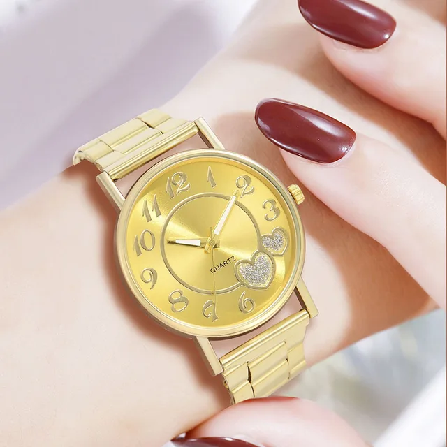 Gold 5PCS/Set Women Watch Fashion Light Luxury Love Element Dial Quartz Wristwatch Alloy Strap Watch Jewelry Set Gift For Her 5