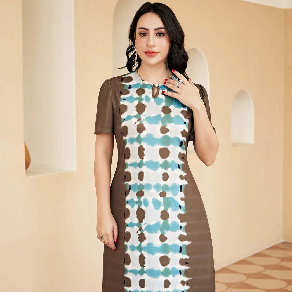 Fridayin Muslim Abaya Summer Dignified Long Dresses Women Printing Tie-dye Split Round Neck Slim Skirts Kaftan for Ladies