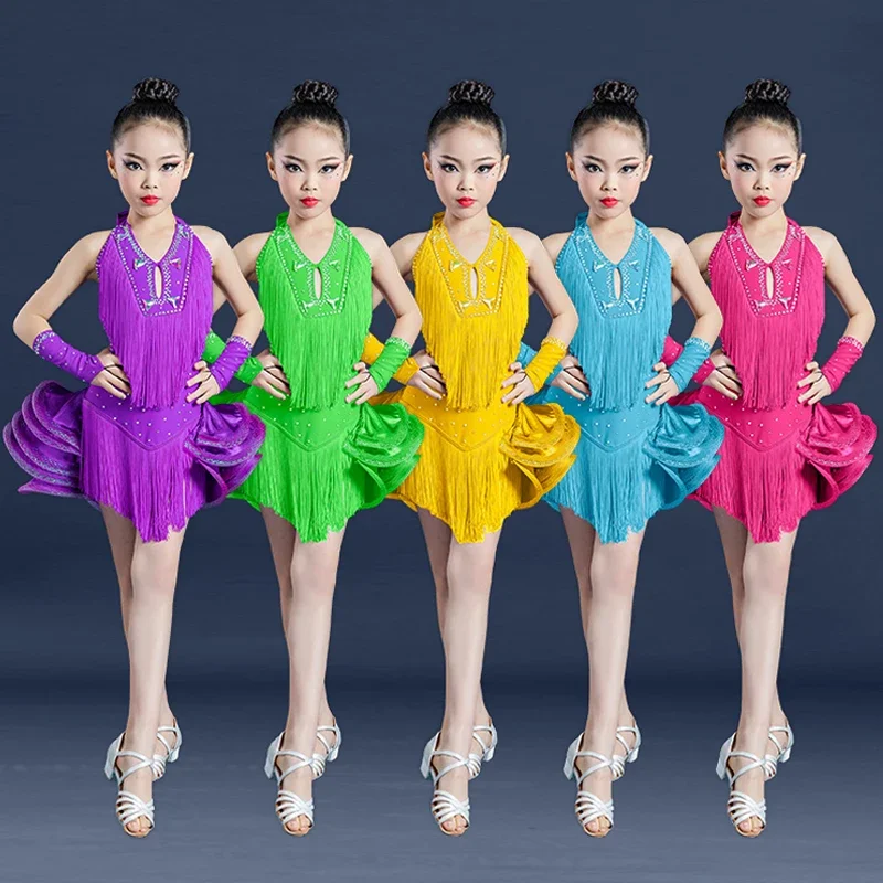 

Latin Dance Costume For Kids Fringes Rhinestone Dress Girls Competition Clothing Backless Tutu Skirt Cha Cha Dance Dress
