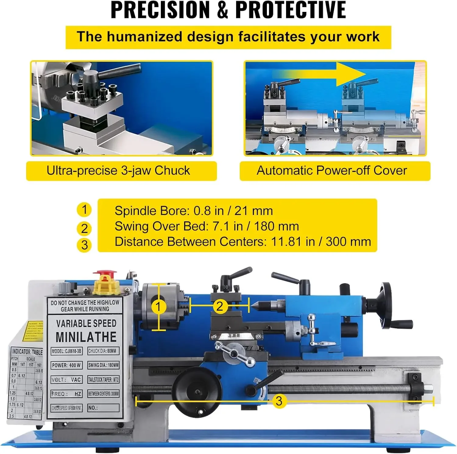 Metal Lathe 7" x 14",Mini Metal 0-2500 RPM Variable Speed,Mini with 4" 3-jaw Chuck,Bench Top Metal Lathe