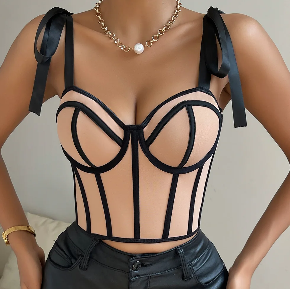 2024 New European and American Style Design Sensual Spice Girl Ribbon Strap Crop Tops Patchwork Stripe Fishbone Bandage Corsets 4