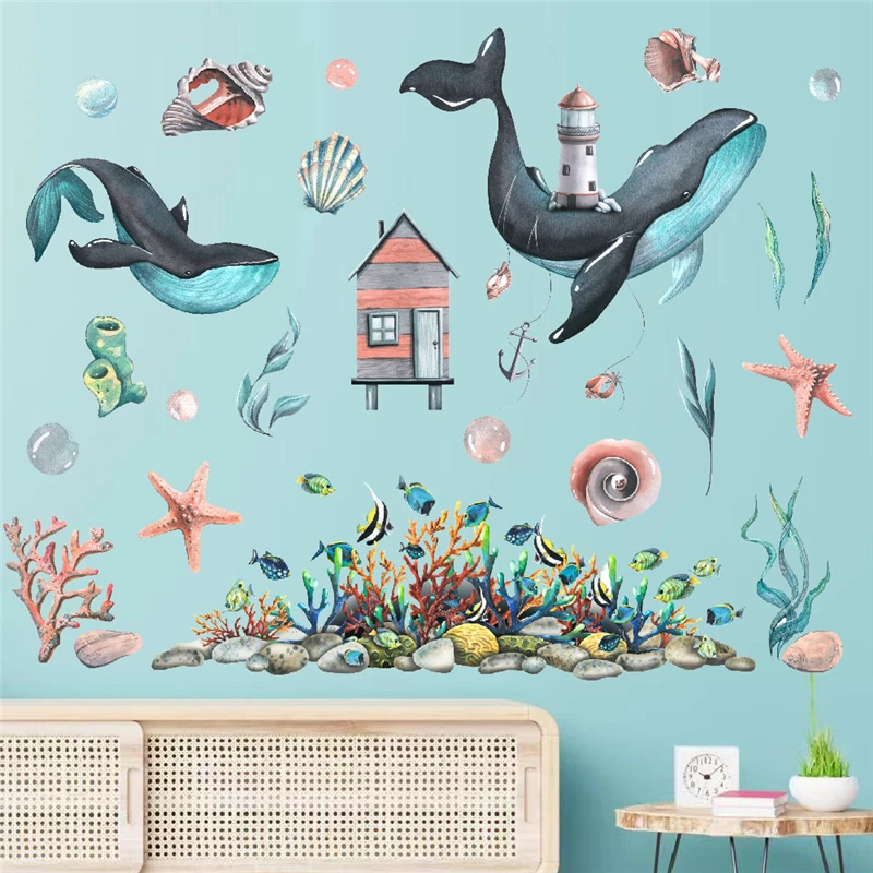 

Fantastic Sea World Whale Fish Sealife Wall Stickers For Kids Room Bathroom Decoration Animal Mural Art Home Decals Pvc Poster