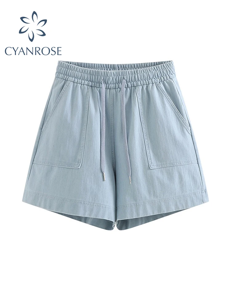 

2023 Summer Women Light Blue Shorts High Waist Wide Shorts Harajuku Streetwear Korean Style Y2k Baggy Casual Black A Line Shorts