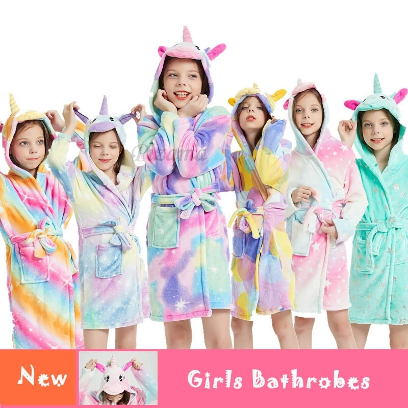 Girl Hooded Bathrobe Cartoon Unicorn And Rainbow Pattern Flannel Soft Warm Pocket Waistband Long Robe Pajamas Children Pajamas