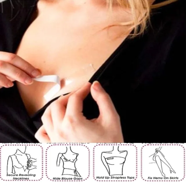 Clear Lingerie Tape: Keep your clothes in place with this self-adhesive, double-sided body tape. It's perfect for securing bras, dresses, shirts, and more. Say goodbye to wardrobe malfunctions and enjoy the confidence of an invisible chest patch.