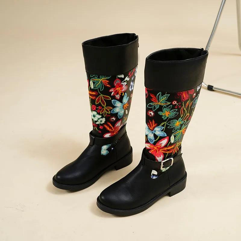 2023 New Women Embroidery Flowers Knee High Boots Women Ethnic Retro Chunky Heel Large Size Knight Boots