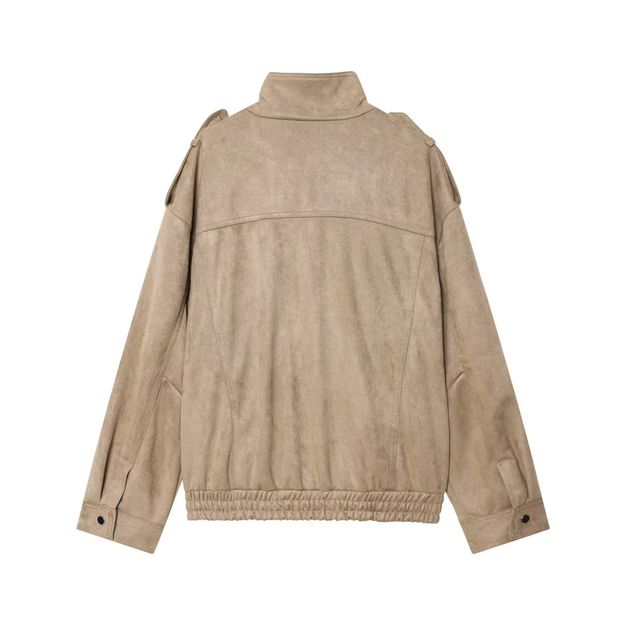 Women's Autumn Street Fashion Suede Textured Leather Jacket Coat Solid Long Sleeves High Neck With Pockets Female Vintage Coats