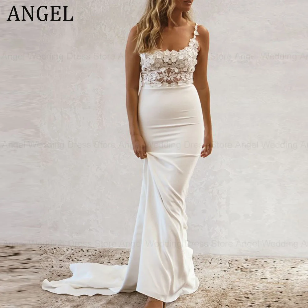 

ANGEL Vintage Lace Appliques Wedding Dress Sexy Spaghetti Straps Square Collar Slim Bridal Gowns Sweep Train свадебное платье