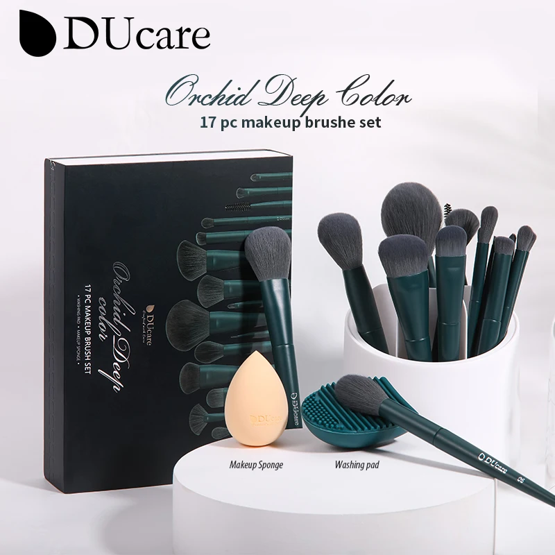 DUcare 전문가용 메이크업 브러시 17개 세트, 얼굴/눈: 파운데이션, 컨실러, 컨투어, 하이라이터, 파우더 ? 스펀지+세척패드, 그린, 여성용, 여행용 ? 합성모