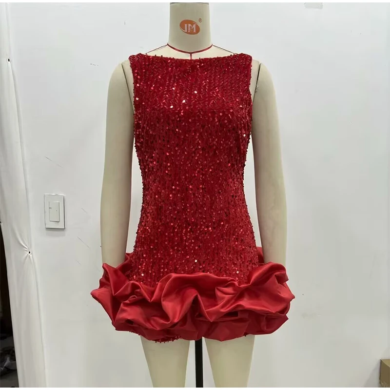 Frauen mit Pailletten verzierte kurze Tanzkleider mit Rüschensaum O-Ausschnitt Kleid 2025, weibliche Mode, Abendparty, Vestidos – Detail 1