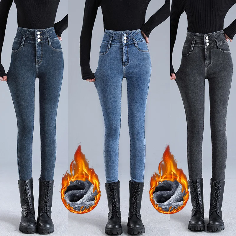 WomenThermalJeansWinterSnowWarmStretchHighWaistJeansLadySkinnyThickenDenimPants