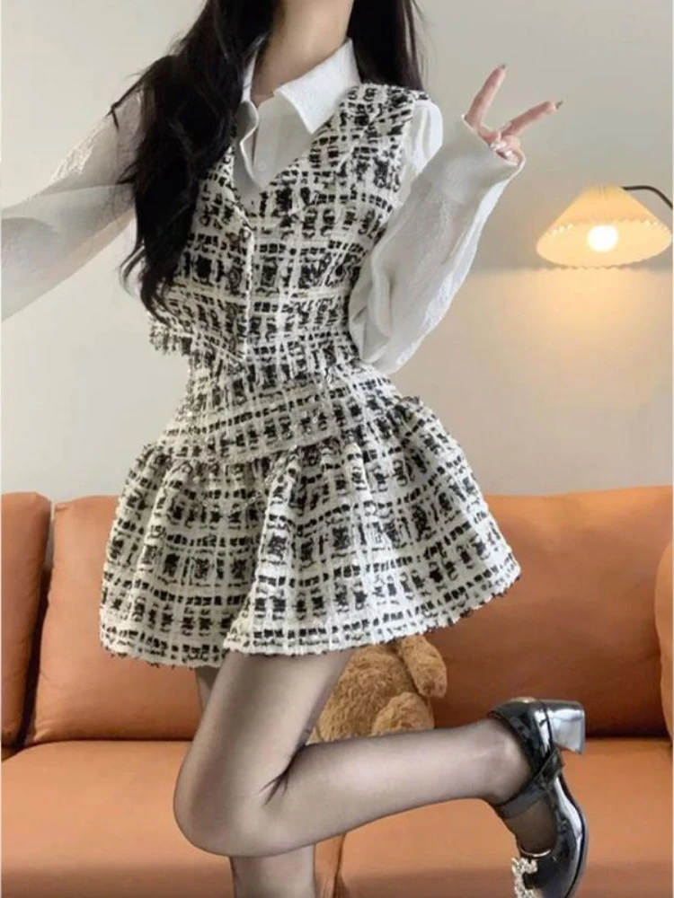 

2023 Summer Korean Fashion Outfits French Casual Y2k Party Suits Style Women White Elegant Blouse + Retro Vest + Mini Skrits