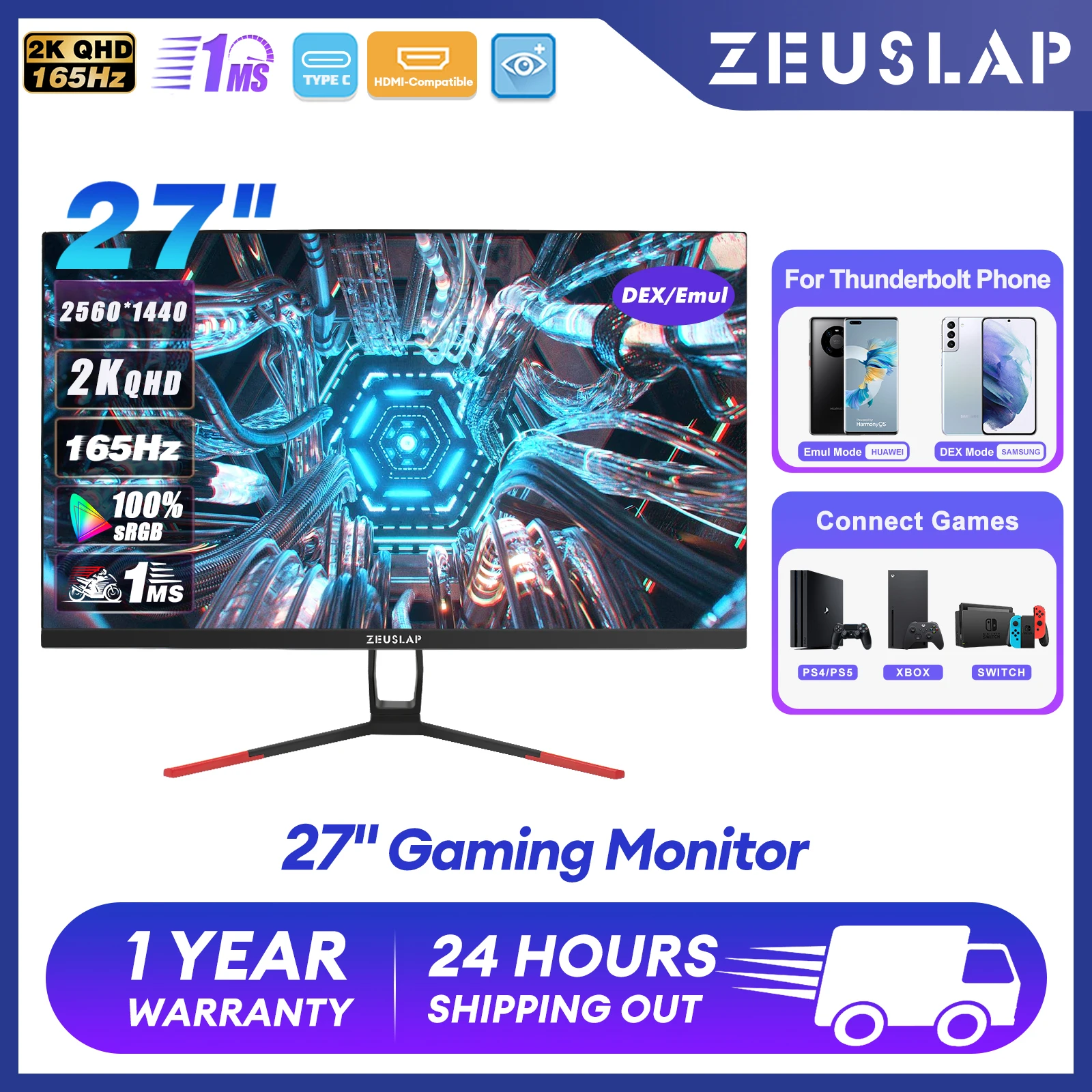 ZEUSLAP 27 인치 모니터 2K 165Hz 2560*1440P QHD 100% sRGB LED 게임용 컴퓨터 미니 PC ...