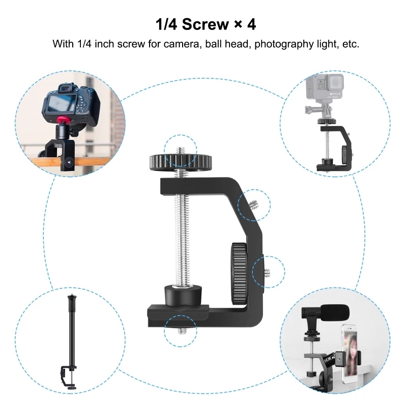 PULUZ C Clamp Camera Mount Light Stand Telescopic Extension Tube Central Shaft Metal Rod Monopod Holder Kit, Rod Length: 33-60cm