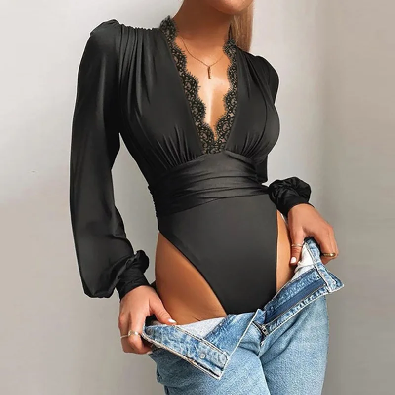 Sexy Lace Applique Long Sleeve Women Bodysuit Mesh Bodysuits Deep V Neck Backless Leotard Tops Female Basic Tops