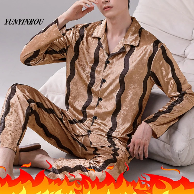 

Autumn Winter Diamond Velvet Boy Striped Sleepwear Thermal Velvet Men's Pajama Sets Casual Pjs Male Loungewear Pyjamas Nightwear