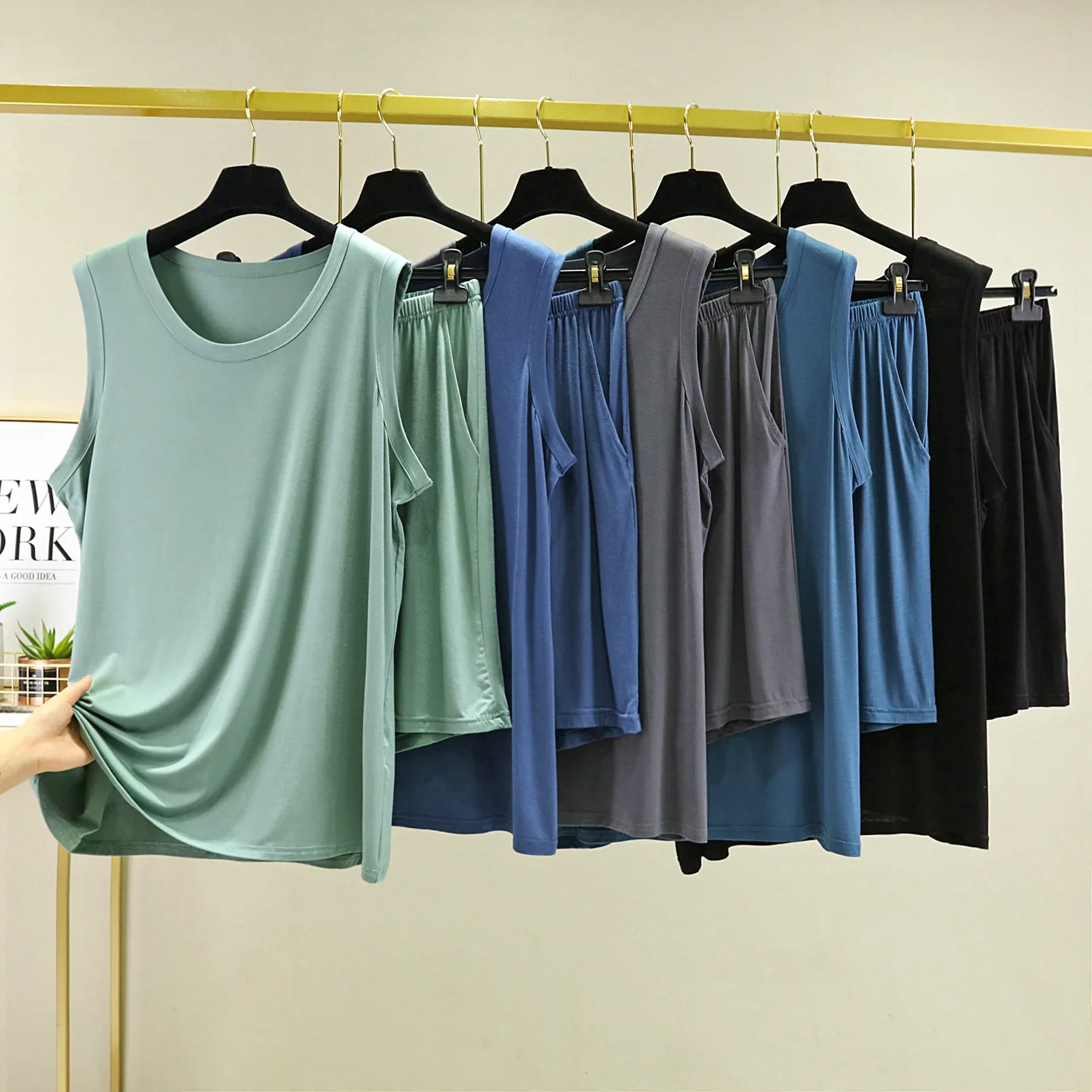 Summer New Modal Round Neck Vest With Pocket Shorts 2-Piece Set Solid Color Simple Plus Size Men's Suit Sleeveless Sleepwear Set