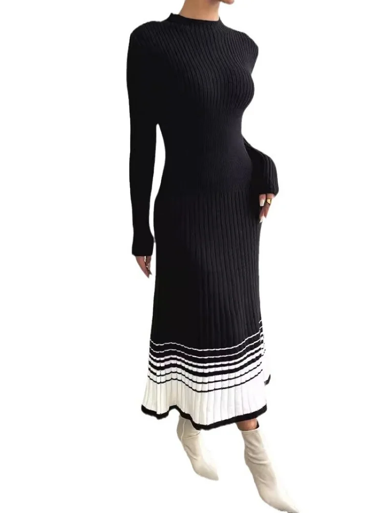 Wmstar Dress Women Wholesale Black White Striped Pleated Skirts Sweaters Long Skirts Cross Border Bestsellers One Piece 2025