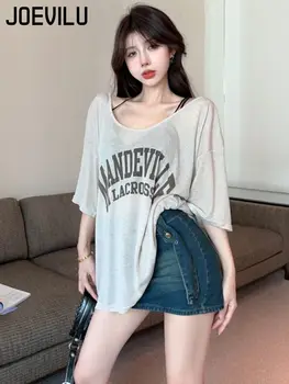 T-shirt allentata da donna sexy Y2K con stampa di lettere Camicetta trasparente Estate sottile manica corta Cover Top Casual T-shirt oversize Vestiti per ragazze 1