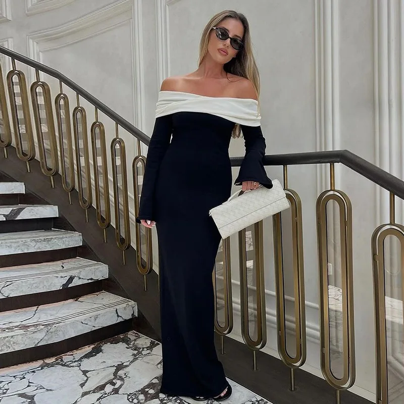 Elegant Contrast Slim Maxi Dress Female Off-Shoulder Fashion Twist Long Sleeve Patchwork Dress Ladies Party Dress Clothes