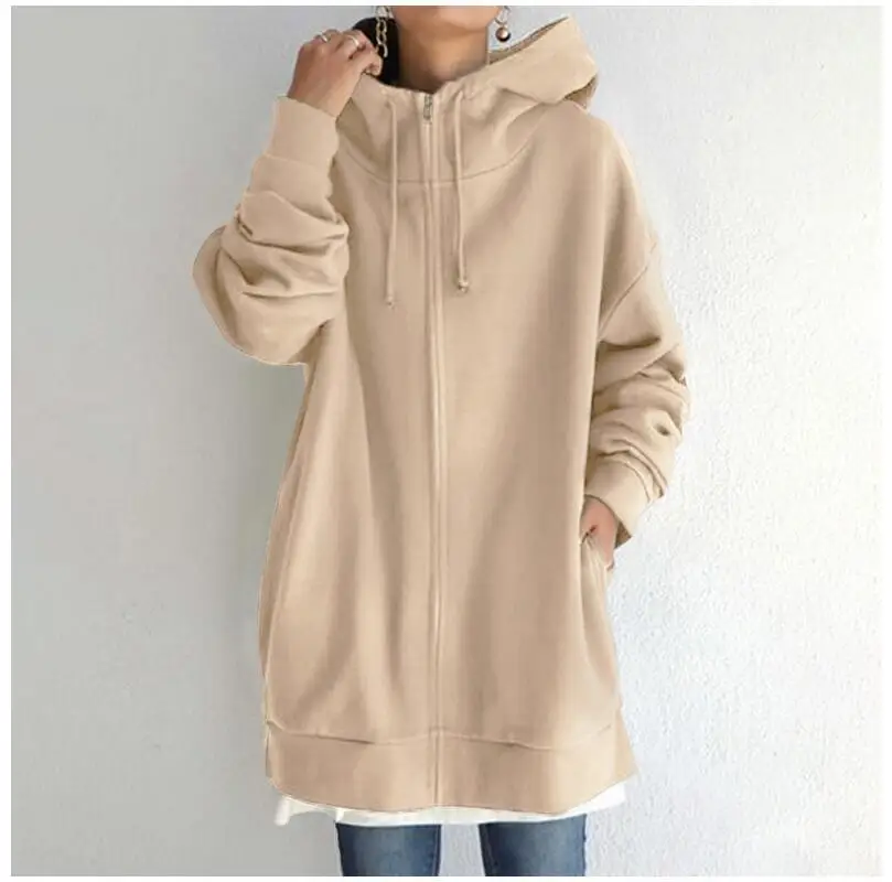Autumn Womens New Solid Color Loose Long Sleeve Zipper Long Hooded Sweatshirt Coat For Women Versatile Fashion Casual Sweatshirt