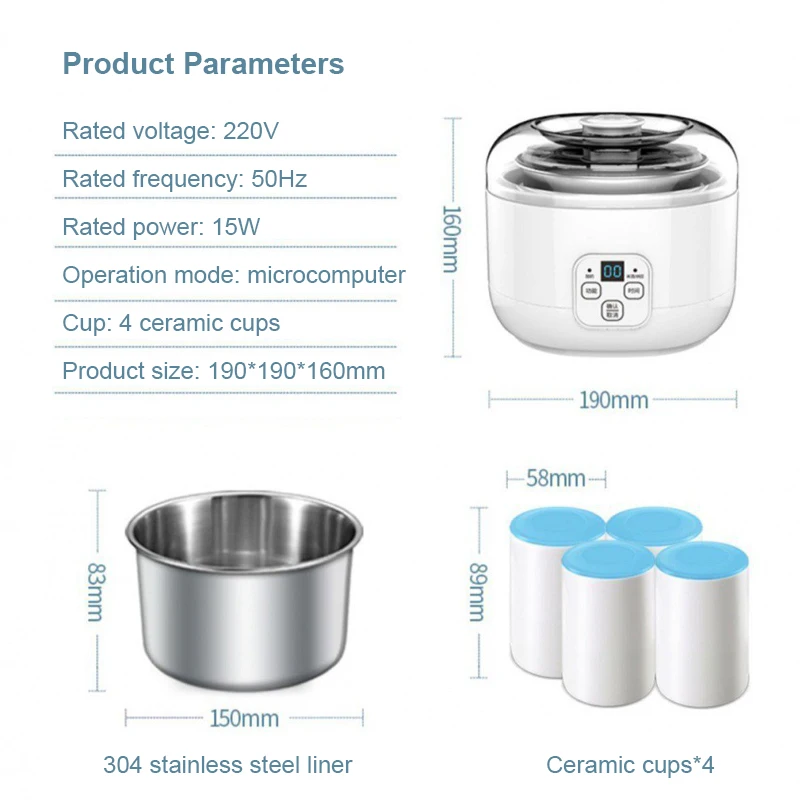 DMWD Automatic Electric Yogurt Maker Multifunction Stainless Steel Leben Container Natto Rice Wine Machine Four Yoghurt Cups 1L