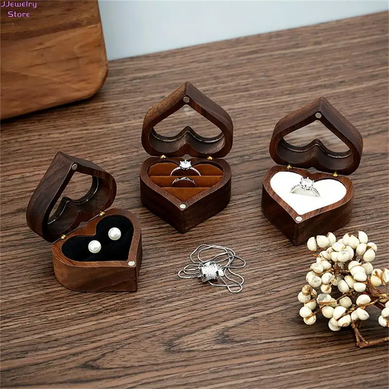 

1pc Heart Wood Ring Box Proposal Engagement Ring Holder Jewelry Storage Boxes Case Cajas Organizador For A Gift