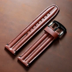 Vintage Genuine Leather Watch Band Straps - Premium Cowhide Double - Stitched Design, Unisex Fashion Accessory - 22mm (Dark Brown)