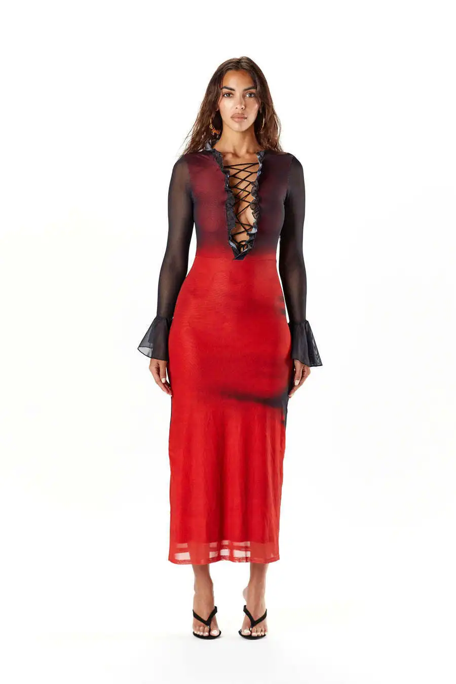 Elegant Long Sleeved Lace Up Elastic Tight Tie Dye Gradient Women Evening Dress Bodycon Sexy Female Dress Party Vestido