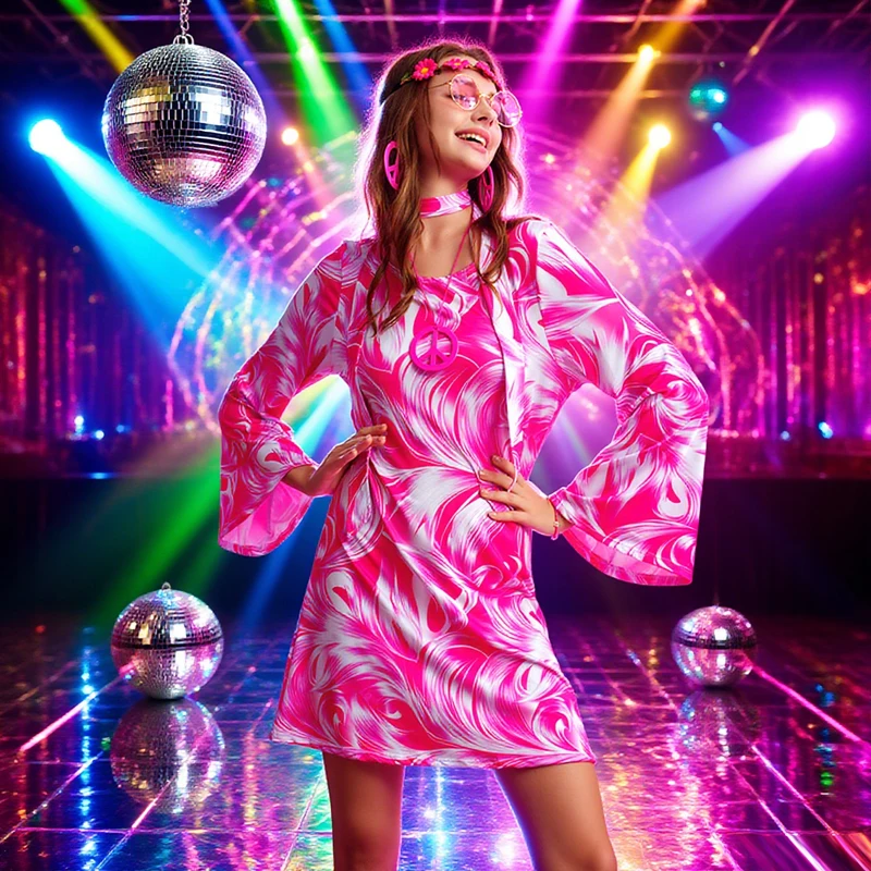 60er 70er Disco Kleid 7-teiliges Hippie Kostüm Damen Druck Retro Stil Kleidung Accessoires Schmuck Halloween Kostüme – Detail 5