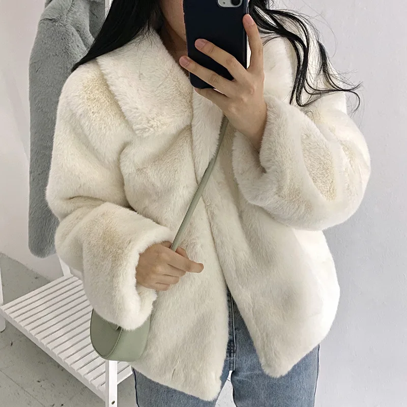 Ladies Autumn and Winter New Solid Color Wool Coat Elegant Fashion Warm Cardigan Plus Velvet Lapel Loose Casual Women's Blouse