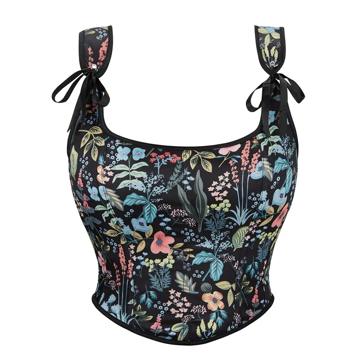 

Black White Red Corset Flower Printing Adjustable Shoulder Strap Women's Shoulder Style Gathered Corset Top Body Shaper Clothes