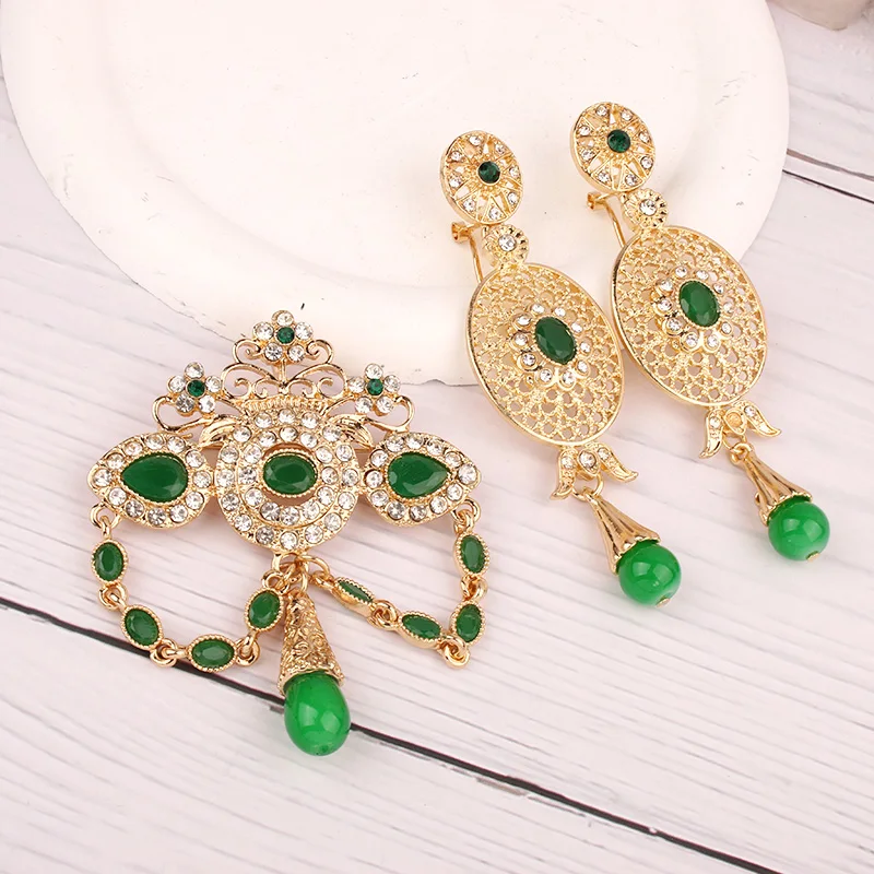 Moroccan Wedding Jewelry Brooch Earrings Set Crystal Brooch Algeria Bridal Accessories Wholesale Brooches for Women's Clothing