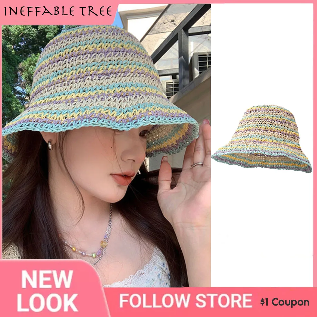 

Y2K Macaroons Color Foldable Straw Bucket Hat Summer Outdoor Shade Travel Beach Breathable Sun Hats Striped Women's Caps Gorras