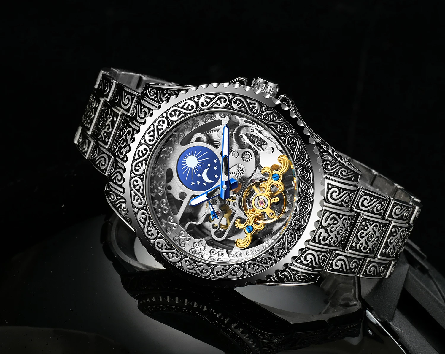 FORSINING Orologio da uomo vintage con intaglio, automatico, meccanico, scheletrato, con fasi lunari, luminoso, di lusso._voghion.com